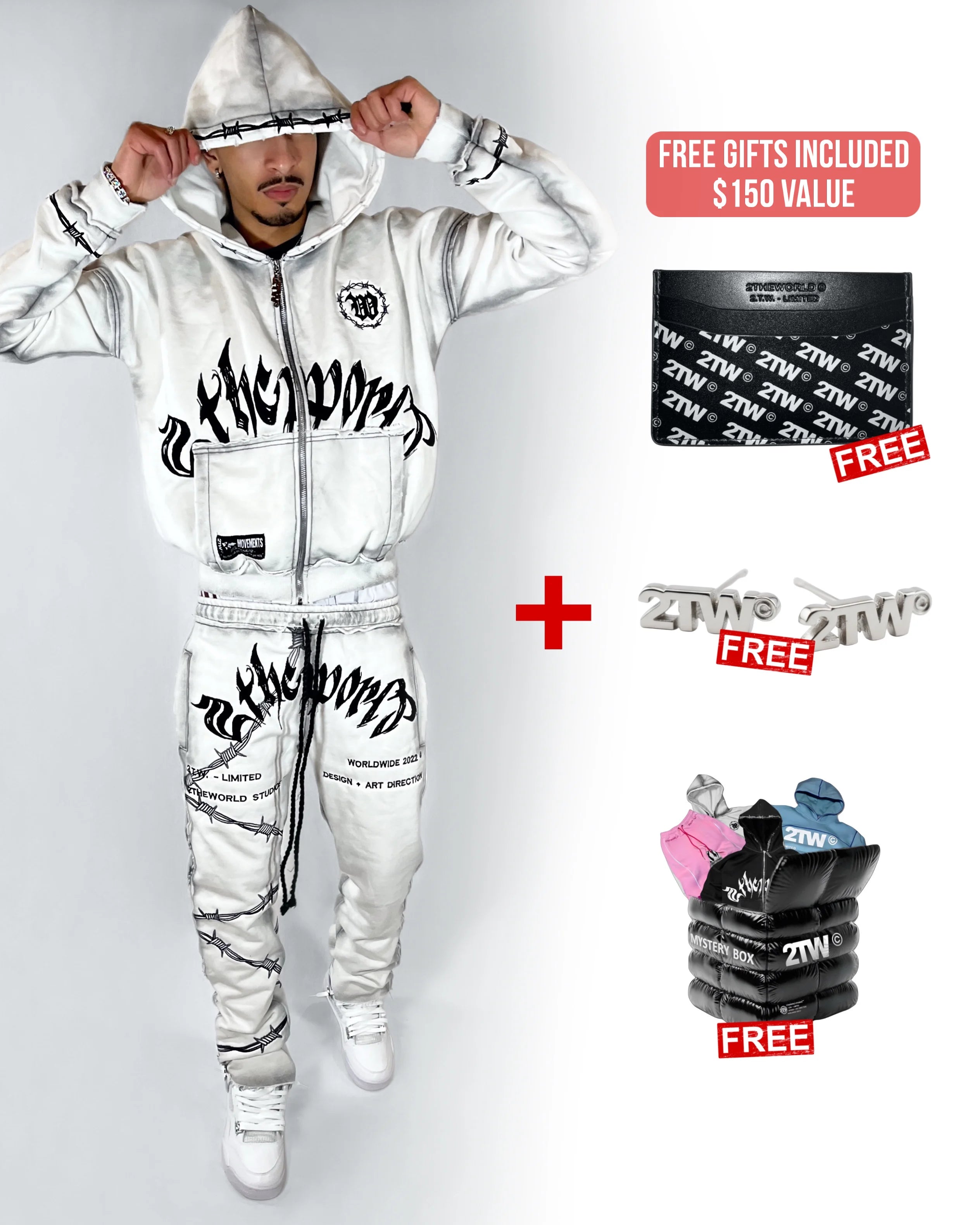 オフホワイトのスウェットスーツ